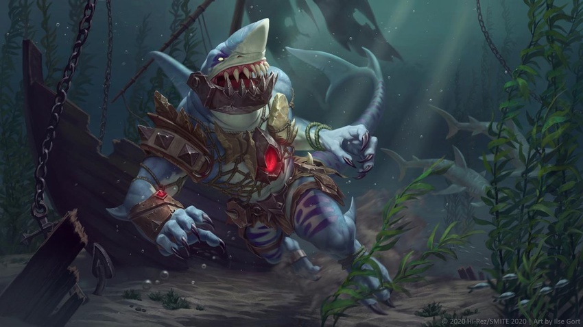 16:9 2020 anchor anthozoan anthro armor barefoot bracers caraid chains claws clothed clothing cnidarian coral coral_reef debris digital_media_(artwork) feet fenrir_(smite) fish fishing_net grey_body grey_scales male marine metal_jaw multicolored_body multicolored_scales net official_art open_mouth scales sea_floor seaweed shark sharp_teeth shipwreck shoulder_guard smite solo swimming teeth two_tone_body two_tone_scales underwater water white_body white_scales widescreen