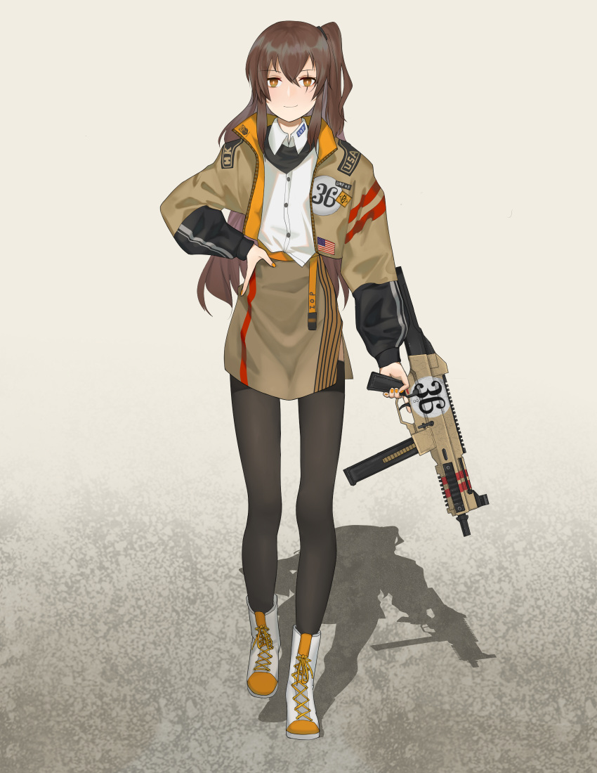 american_flag black_pantyhose boots brown_eyes brown_hair brown_jacket brown_skirt chuck_(harfmoondark) closed_mouth counter-strike_(series) counter-strike_2 female girls'_frontline gun gun_decal h&k_ump hand_on_own_hip highres holding holding_weapon jacket long_hair looking_at_viewer nail_polish open_clothes open_jacket pantyhose scar scar_across_eye scar_on_face shirt simple_background skirt smile solo standing submachine_gun ump45_(girls'_frontline) uniform weapon white_footwear white_shirt yellow_nails