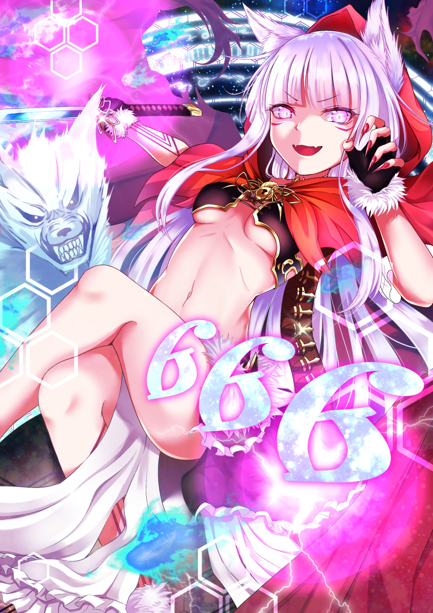 666 :d absurdres animal_ears blunt_bangs breasts cape capelet claw_pose clothes_between_thighs crossed_legs fangs female fingerless_gloves fingernails fur_trim gloves glowing glowing_eyes hexagon highres holding holding_sword holding_weapon hood hood_up kureha_(666)_(sound_voltex) kureha_(sound_voltex) long_fingernails long_hair looking_at_viewer midriff nail_polish navel oerba_yun_fang open_mouth pelvic_curtain rairaisuruyo red_capelet red_hood sharp_fingernails skin_fang smile solo sound_voltex sword underboob weapon white_hair wolf wolf_ears