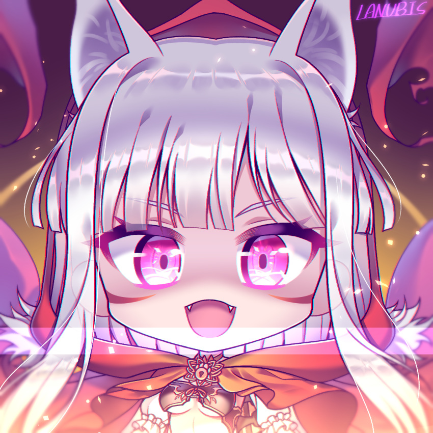 animal_ears breasts capelet chibi fangs female fur_capelet glowing glowing_eyes highres kureha_(666)_(sound_voltex) kureha_(sound_voltex) lanubis looking_at_viewer midriff navel pink_eyes red_hood solo sound_voltex underboob white_hair wolf_ears