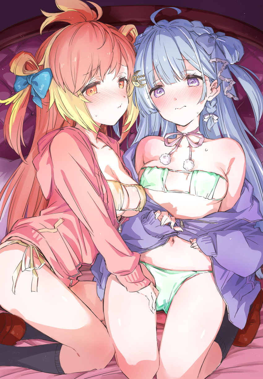 2girls absurdres alternate_costume amaui bed bikini bikini_under_clothes black_socks blonde_hair blue_bow blue_hair blunt_bangs blush bow braid breasts cleavage closed_mouth crown_braid eyepatch_bikini folded_hair full_body green_bikini hairbow highres hira_hikari hood hood_down hoodie large_breasts long_hair looking_at_viewer medium_bangs medium_breasts multicolored_hair multiple_girls nanashi_inc. off_shoulder open_clothes open_hoodie orange_eyes partially_unzipped pink_hair pink_hoodie purple_eyes purple_hoodie shirana_tamana side_braid socks swimsuit two-tone_hair virtual_youtuber wavy_mouth white_bow yellow_bikini