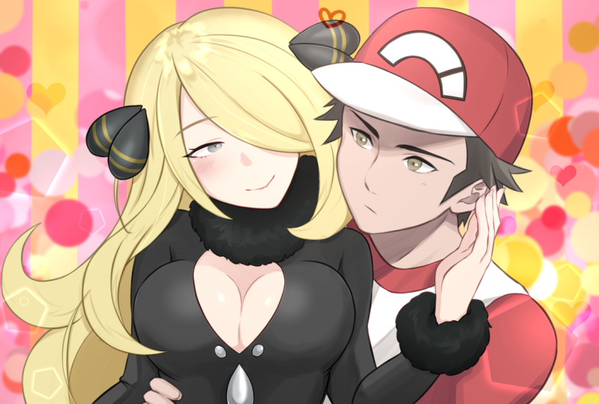 1boy abstract_background alternate_breast_size baseball_cap blonde_hair blush breasts brown_hair cleavage closed_mouth commentary commission cynthia_(pokemon) emil_as eyelashes female fur_collar grey_eyes hair_ornament hair_over_one_eye hand_on_another's_face hand_up hat heart image_sample large_breasts long_hair long_sleeves looking_at_another md5_mismatch pentagon_(shape) pixiv_commission pixiv_sample pokemon pokemon_dppt pokemon_sm red_(pokemon) red_headwear resolution_mismatch shirt smile source_larger straight upper_body