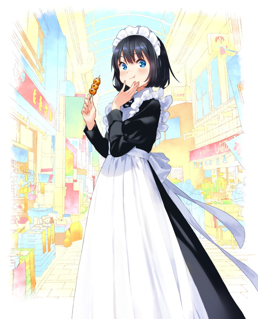 apron black_hair blue_eyes blush bob_cut commentary_request eating female food highres holding holding_food looking_at_viewer maeya_susumu maid maid-san_wa_taberu_dake maid_apron maid_headdress mall outdoors short_hair solo standing suzume_(maid-san_wa_taberu_dake)