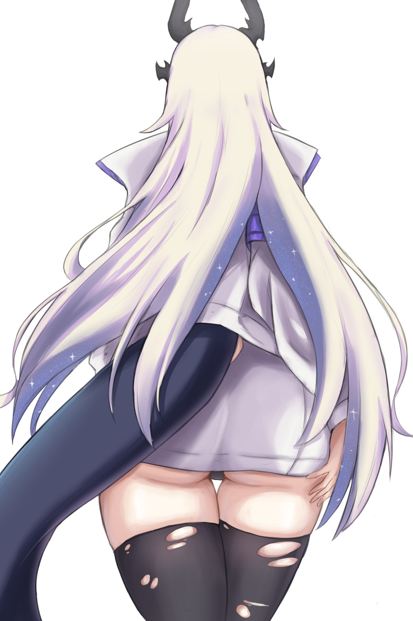 arknights ass black_thighhighs commentary cowboy_shot dragon_girl dragon_horns dragon_tail eblana_(arknights) fangs_(fangs_art) female from_behind highres horns long_hair simple_background solo tail thick_thighs thighhighs thighs torn_clothes torn_thighhighs very_long_hair white_background white_hair