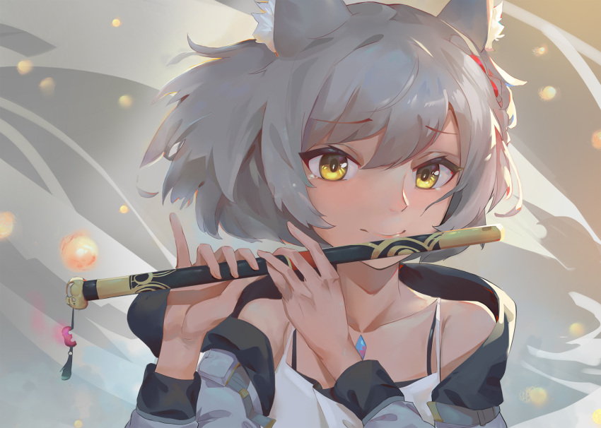 animal_ears breasts cat_ears chest_jewel female flute highres instrument jacket kiiro_kimi looking_at_viewer mio_(xenoblade) music playing_instrument short_hair small_breasts solo tank_top upper_body white_jacket white_tank_top xenoblade_chronicles_(series) xenoblade_chronicles_3 yellow_eyes