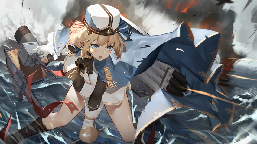 absurdres artist_request azur_lane bare_legs blonde_hair blue_eyes boots braid cloak epaulettes eyebrows female gloves hardy_(azur_lane) hat highres holding holding_sword holding_weapon military military_hat military_uniform official_art open_mouth pleated_skirt rapier ribbon rigging skirt solo sword torpedo torpedo_tubes uniform waifu2x weapon white_gloves