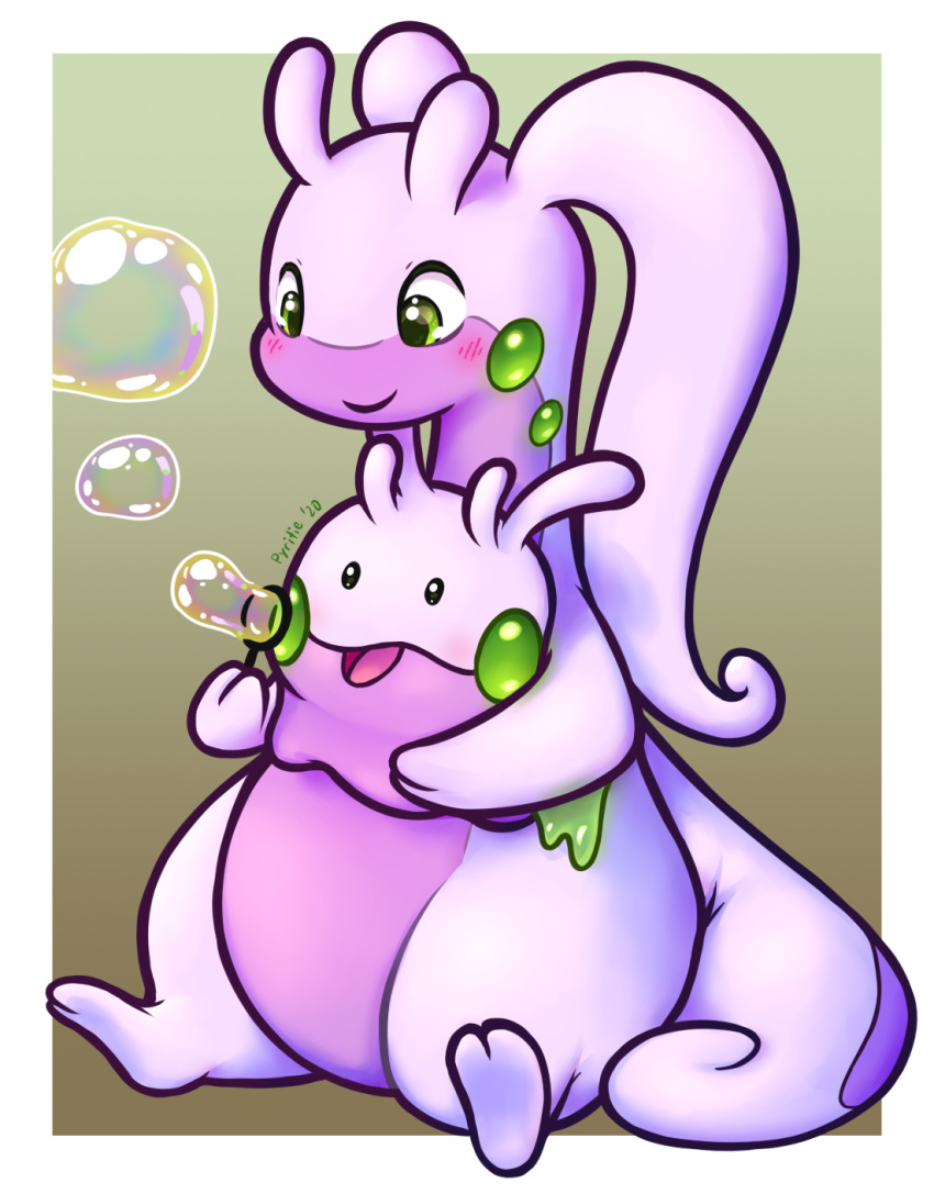 2020 ambiguous_gender big_tail blowing_soap_bubbles blush bubble bubble_wand digital_media_(artwork) dragon duo feral generation_6_pokemon goodra goomy green_eyes hi_res mythological_creature mythological_scalie mythology nintendo nude pokemon pokemon_(species) purple_body pyritie scalie simple_background slime smile soap_bubbles tail thick_tail thick_thighs