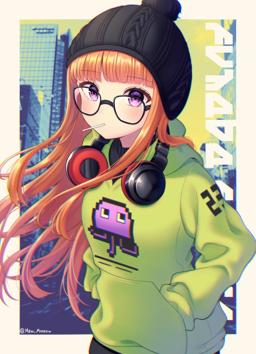 artist_name bangs black_headwear candy eyebrows_visible_through_hair female food glasses green_hoodie headphones headphones_around_neck highres in_mouth lollipop long_hair long_sleeves looking_at_viewer nabekokoa orange_hair persona persona_5 purple_eyes sakura_futaba