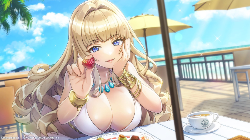 beach_umbrella blonde_hair blue_eyes blue_sky bracelet breasts chair chocolate cleavage commentary_request cup dolphin_wave feeding female hand_on_own_cheek hand_on_own_face high_heels highres jewelry kirahoshi_kanna large_breasts looking_at_viewer necklace official_art ootomo_takuji sky solo sparkle table umbrella valentine wavy_hair