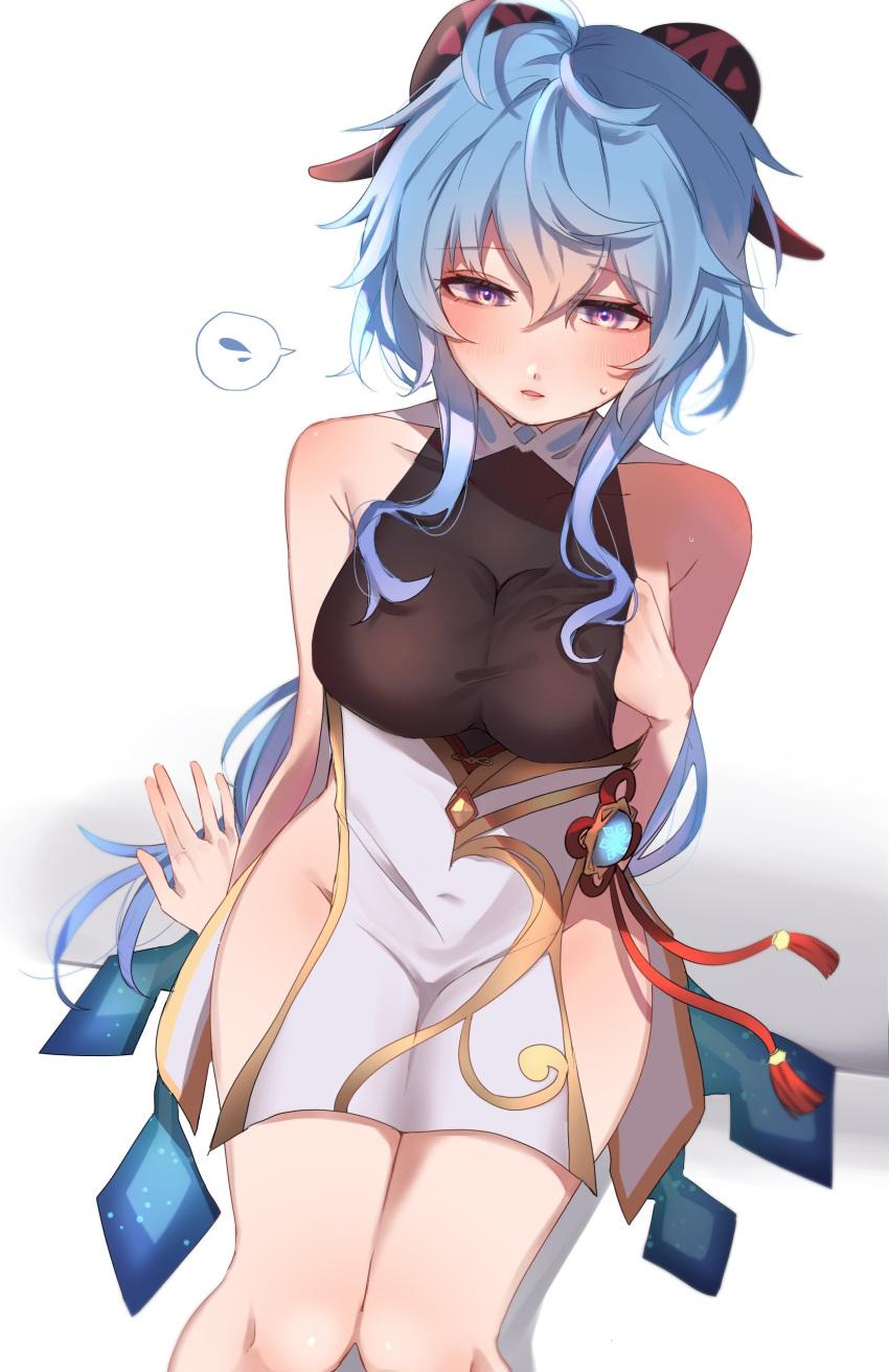 absurdres ahoge bare_arms blue_hair blush breasts chinese_knot female flower_knot flying_sweatdrops ganyu_(genshin_impact) genshin_impact gold_trim hand_under_clothes highres horns long_hair medium_breasts no_gloves no_legwear purple_eyes sidelocks sitting sleeveless solo spoken_flying_sweatdrops tassel umaru vision_(genshin_impact)