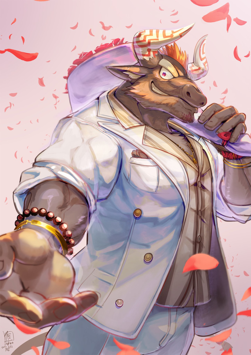 black_body black_fur bouquet bovid bovine clothing flower fur grin gyumao_(tas) hair hi_res itohiro0305 lifewonders male mammal petals plant reaching_towards_viewer red_hair rose_(flower) rose_petals scar smile solo suit tokyo_afterschool_summoners