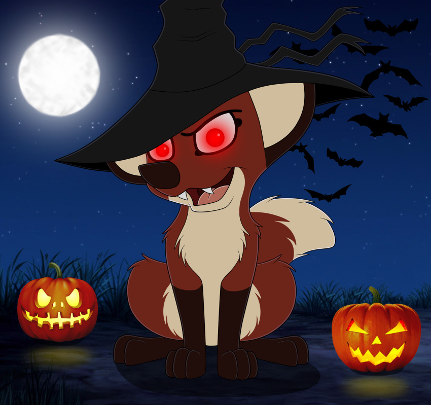 ambiguous_gender bat canid canine clothing evil_grin female feral food fox fruit full_moon fur glowing glowing_eyes grass halloween hat headgear headwear hi_res holidays jack-o'-lantern jungledyret_hugo mammal moon open_mouth paws plant pumpkin red_body red_eyes red_fur rita_(jungledyret) sharp_teeth sitting skateryena smile solo teeth witch_hat