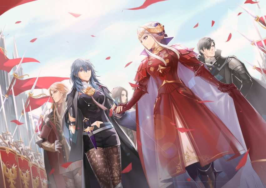 2boys 3girls armor black_hair brown_hair byleth_(female)_(fire_emblem) byleth_(fire_emblem) cape dorothea_arnault edelgard_von_hresvelg fake_horns ferdinand_von_aegir fire_emblem fire_emblem:_three_houses flag grey_hair highres holding_hands horned_headwear horns hubert_von_vestra langlang multiple_boys multiple_girls orange_hair pantyhose petals polearm red_cape smile spear tiara weapon yuri