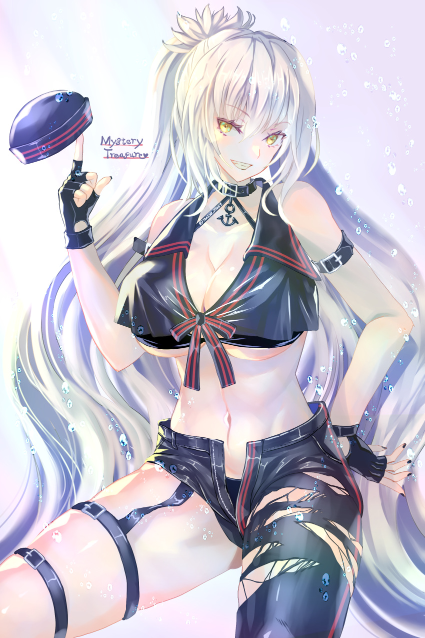 absurdres anchor asymmetrical_pants bad_id bad_pixiv_id black_choker black_hat black_pants breasts choker cleavage commentary_request fate/grand_order fate_(series) female graphite_(medium) grin hair_between_eyes hat highres huge_breasts jeanne_d'arc_alter_(fate) jeanne_d'arc_alter_(mystery_treasure)_(fate) long_hair midriff natsujiru navel oerba_yun_fang official_alternate_costume pants smile solo thigh_strap torn_clothes torn_pants traditional_media twintails twitter_username underboob unworn_hat unworn_headwear very_long_hair white_hair yellow_eyes