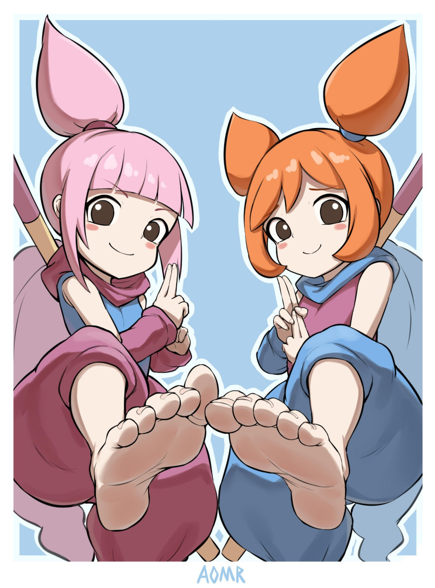 2girls ana_(warioware) aomoro barefoot blush_stickers brown_eyes closed_mouth feet fingernails foot_focus foot_out_of_frame foreshortening highres kat_(warioware) looking_at_viewer multiple_girls ninja orange_hair pink_hair siblings simple_background sisters smile soles toenails toes warioware