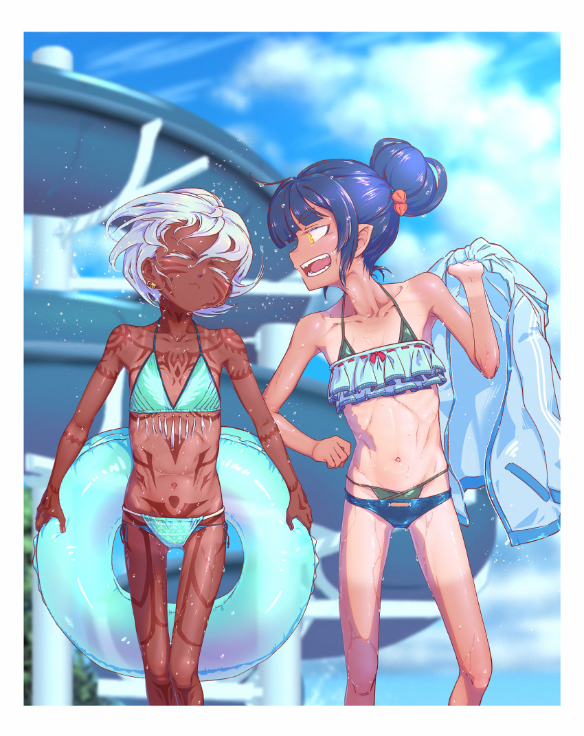 2girls akari_(raigou) bikini black_hair blurry blurry_background borrowed_character closed_eyes dark-skinned_female dark_skin facial_tattoo flat_chest full-body_tattoo hair_bun highres innertube irezumi-san_(ozka) layered_bikini multiple_girls original ozka pointy_ears ribs swim_ring swimsuit tan tanlines tattoo water_slide wet white_hair yellow_eyes