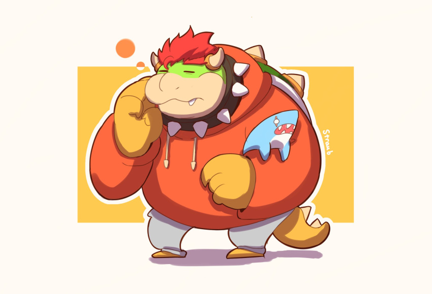 3_fingers anthro bottomwear bowser closed_eyes clothing collar drowsy fingers hair hi_res hoodie horn koopa male mario_bros nintendo pants plushie red_hair reptile scalie shell solo spiked_collar spiked_shell spikes spikes_(anatomy) strauburi sweatpants topwear