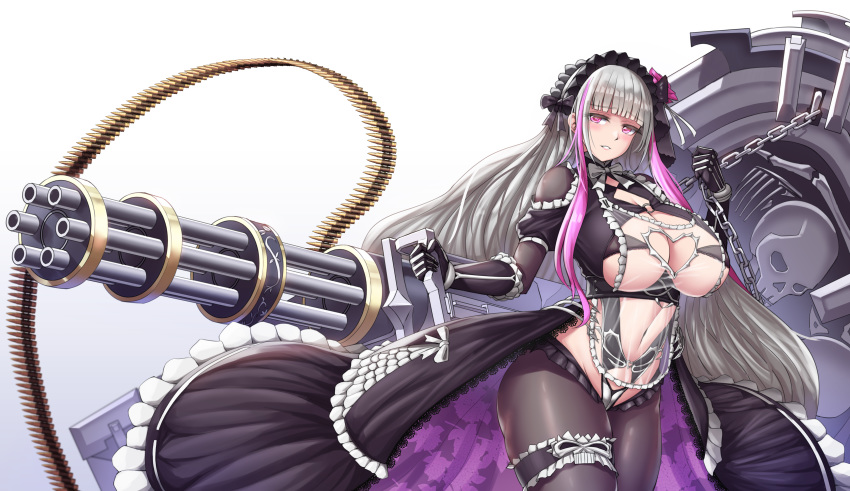 absurdres breasts chains cho!cho! coffin commentary eternity_(last_origin) female gatling_gun goth_fashion grey_hair hairband highres huge_breasts last_origin lolita_hairband long_hair looking_at_viewer minigun multicolored_hair navel pink_eyes pink_hair simple_background solo streaked_hair very_long_hair white_background