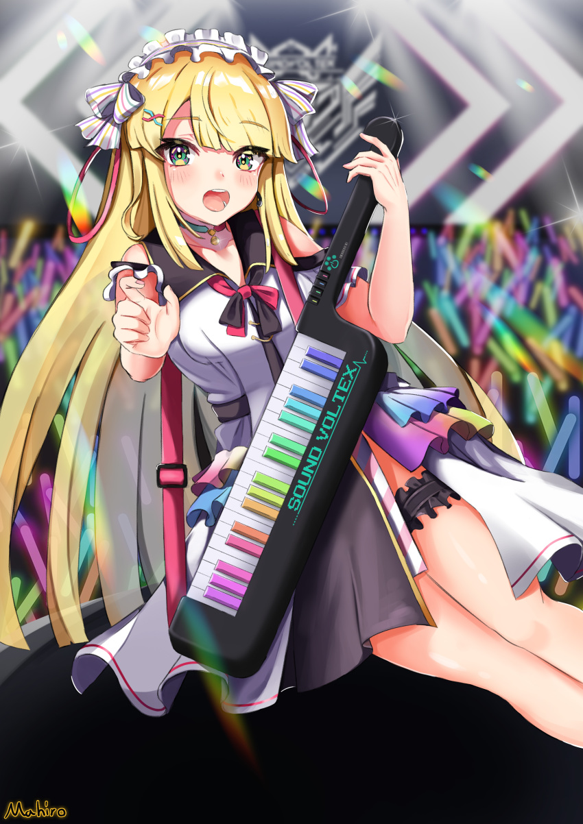 absurdres bare_shoulders bell blonde_hair blunt_bangs blush bow breasts bridal_garter choker collarbone collared_dress copyright_name dress eyes_visible_through_hair female frills glowstick green_eyes hair_between_eyes hair_ornament hairclip headband highres holding holding_instrument instrument keytar kougei_ciel_nana long_hair looking_at_viewer medium_breasts multicolored_eyes off-shoulder_dress off_shoulder open_mouth ribbon sleeveless sleeveless_dress solo sound_voltex stage strap teeth tongue tunamogumogu white_dress