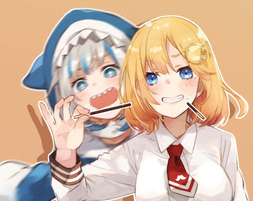 2girls biting blonde_hair blue_eyes blue_hair food gawr_gura gawr_gura_(1st_costume) grey_hair grin hair_ornament highres hololive hololive_english hood hood_up hoodie kase_(kurimuzone_oruta) medium_hair motion_blur multicolored_hair multiple_girls necktie pocky pocky_day sharp_teeth smile sparkling_eyes streaked_hair teeth two-tone_hair upper_body virtual_youtuber watson_amelia watson_amelia_(1st_costume)