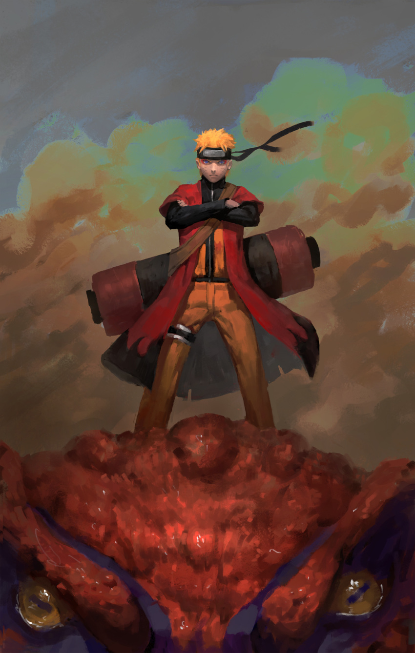 1boy animal black_headband blonde_hair blue_eyes closed_mouth coat crossed_arms diaodiao duplicate dust facial_mark forehead_protector frog gamakichi_(naruto) headband highres horizontal_pupils looking_at_viewer male_focus naruto naruto_(series) naruto_shippuuden oversized_animal pixel-perfect_duplicate red_coat scroll scroll_tube sennin_mode slit_pupils smoke solo_focus standing thigh_strap toad_(animal) torn torn_clothes torn_coat uzumaki_naruto whisker_markings yellow_eyes zipper