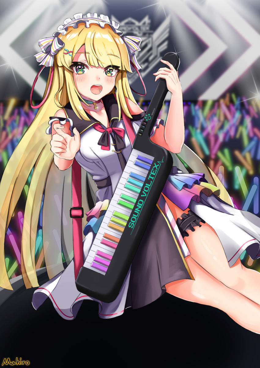 absurdres bare_shoulders bell blonde_hair blush bow breasts choker dress female frills glowstick green_eyes hair_between_eyes hair_ornament headband highres holding holding_instrument instrument keytar kougei_ciel_nana long_hair looking_at_viewer medium_breasts multicolored_eyes open_mouth ribbon sleeveless sleeveless_dress solo sound_voltex stage strap thigh_strap tunamogumogu white_dress