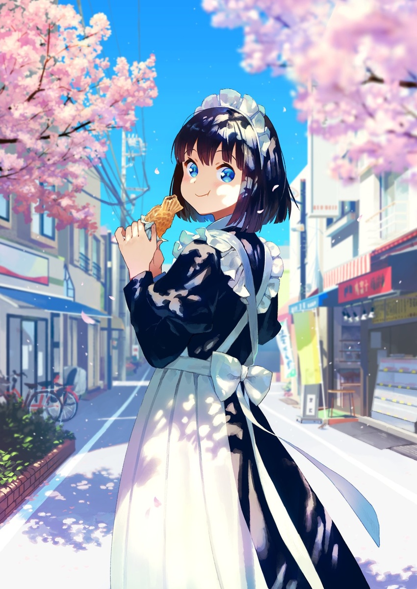 :t apron black_hair blue_eyes blue_sky blush cherry_blossoms city clear_sky commentary_request dappled_sunlight day eating female food from_side highres looking_at_viewer looking_to_the_side maeya_susumu maid maid-san_wa_taberu_dake maid_apron maid_headdress outdoors short_hair sky solo standing sunlight suzume_(maid-san_wa_taberu_dake) taiyaki town wagashi