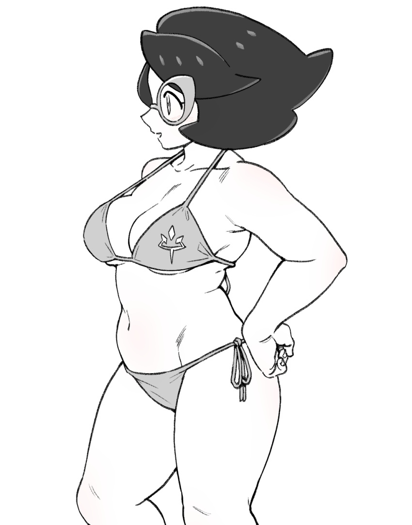 bikini breasts collarbone commentary_request female from_side glasses greyscale hand_on_own_hip highres knees logo medium_hair monochrome navel nutkingcall open_mouth plump pokemon pokemon_sm side-tie_bikini_bottom simple_background smile solo swimsuit wicke_(pokemon)