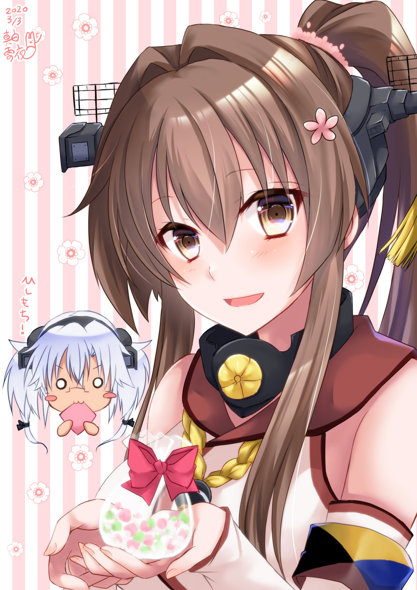 2girls blush breasts brown_eyes brown_hair cherry_blossoms chibi eating flower grey_hair hair_between_eyes hair_flower hair_ornament headgear highres hishimochi kantai_collection large_breasts long_hair looking_at_viewer mashiro_yukiya multiple_girls musashi_(kancolle) musashi_kai_ni_(kancolle) open_mouth ponytail smile striped striped_background twintails very_long_hair yamato_(kancolle)