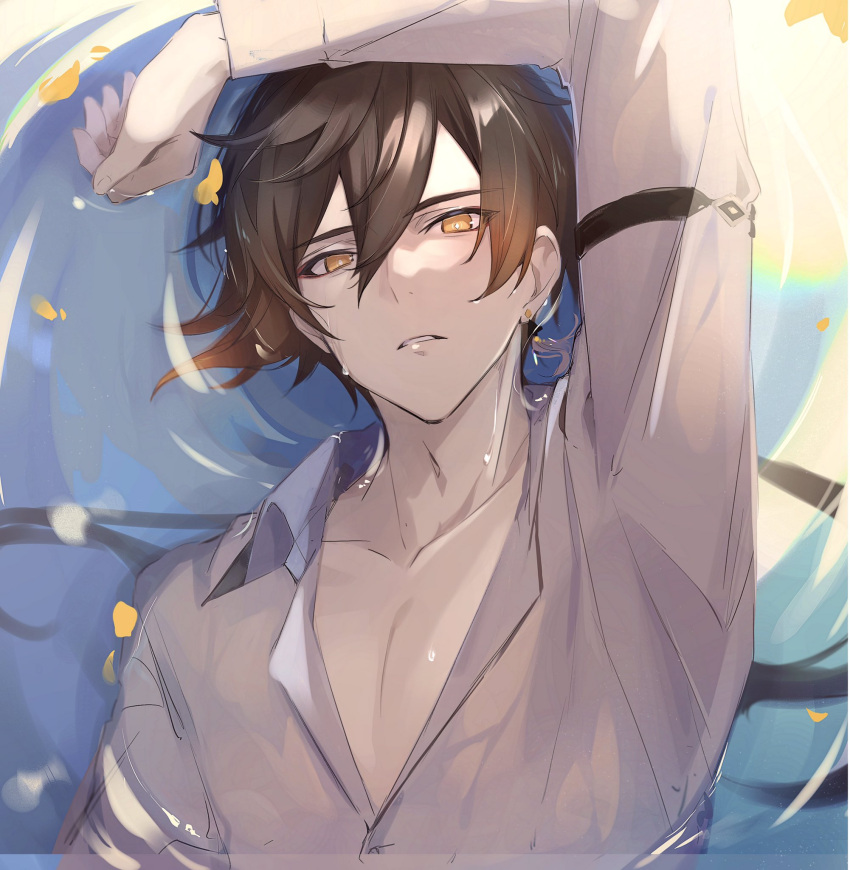 1boy arm_up black_hair brown_hair commentary earrings genshin_impact gradient_hair gumilkx highres jewelry long_hair long_sleeves looking_at_viewer lying male_focus multicolored_hair on_back parted_lips partially_submerged shirt single_earring solo symbol-only_commentary upper_body water wet yellow_eyes zhongli_(genshin_impact)