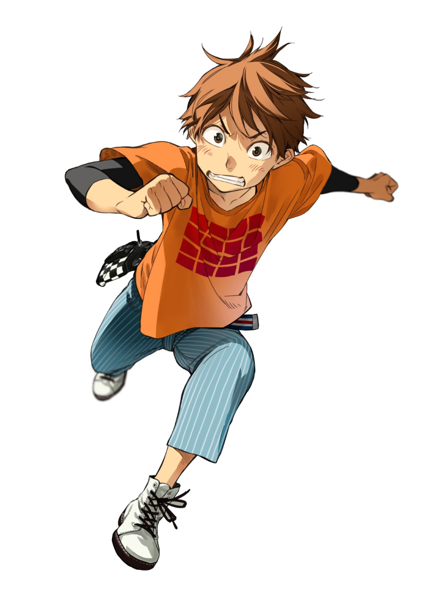 1boy checkered clenched_hands clenched_teeth cross-laced_footwear fingernails full_body highres kanojo_okarishimasu kinoshita_kazuya looking_at_viewer male_focus messy_hair miyajima_reiji official_art orange_shirt running shirt shoes short_hair shorts simple_background solo striped_clothes striped_shorts teeth white_background white_footwear