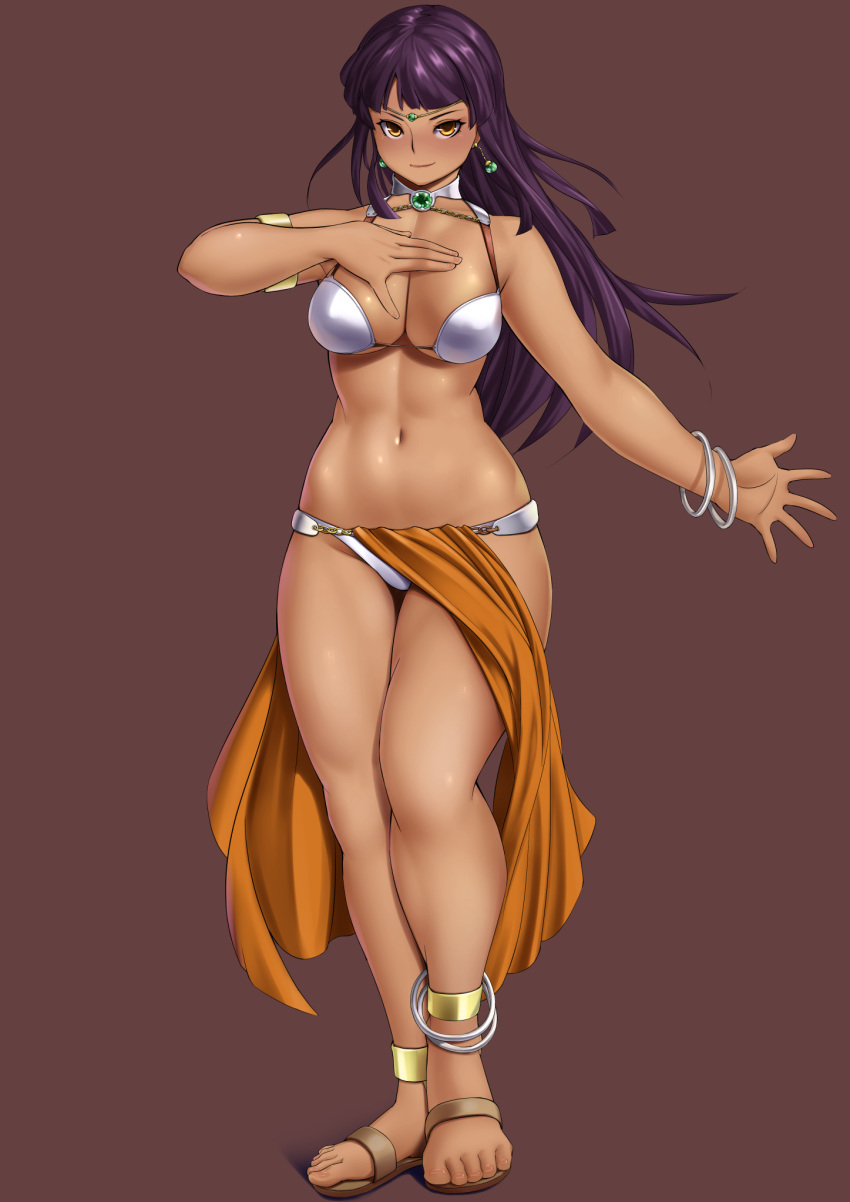 anklet bangle bracelet breasts brown_background brown_eyes choker circlet cleavage dancer dancer's_costume_(dq) dark-skinned_female dark_skin dragon_quest earrings female full_body hand_up highres jewelry large_breasts loincloth long_hair looking_at_viewer midriff navel nemui333 pelvic_curtain purple_hair sandals simple_background smile solo standing tan thighs