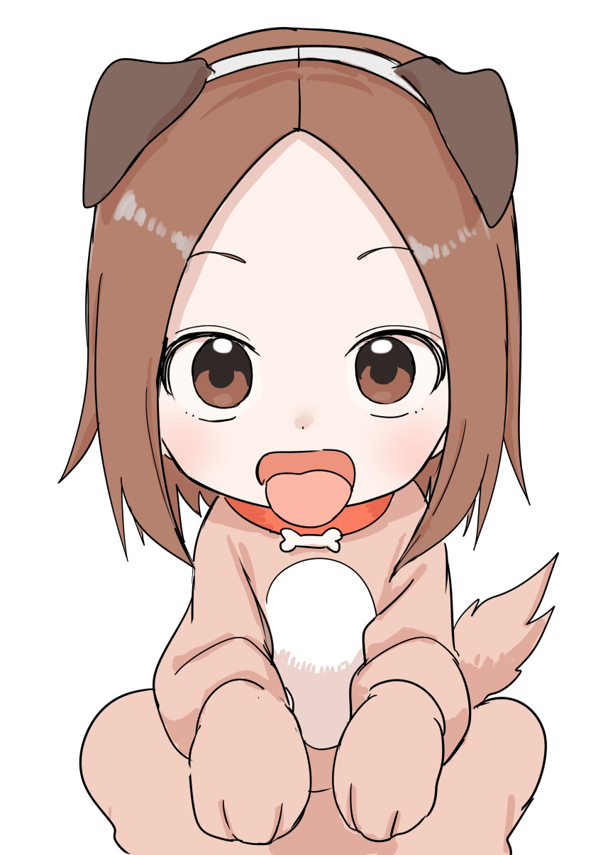 absurdres animal_collar animal_costume animal_ears brown_eyes brown_hair cartoon_bone collar dog_costume dog_ears fake_animal_ears female forehead highres inaba_mifumi karakai_jouzu_no_(moto)_takagi-san karakai_jouzu_no_takagi-san lolicon looking_at_viewer nishikata_chii open_mouth parted_hair red_collar short_hair simple_background solo tongue tongue_out white_background