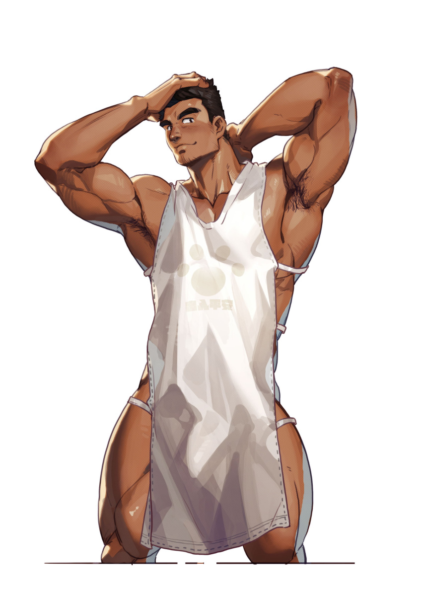 1boy absurdres apron armpit_hair armpits bara black_hair closed_mouth dark-skinned_male dark_skin hand_on_own_head highres large_pectorals looking_at_viewer male_focus muscular muscular_male naked_apron original pectorals selkiro short_hair simple_background smile solo thick_thighs thighs white_apron white_background