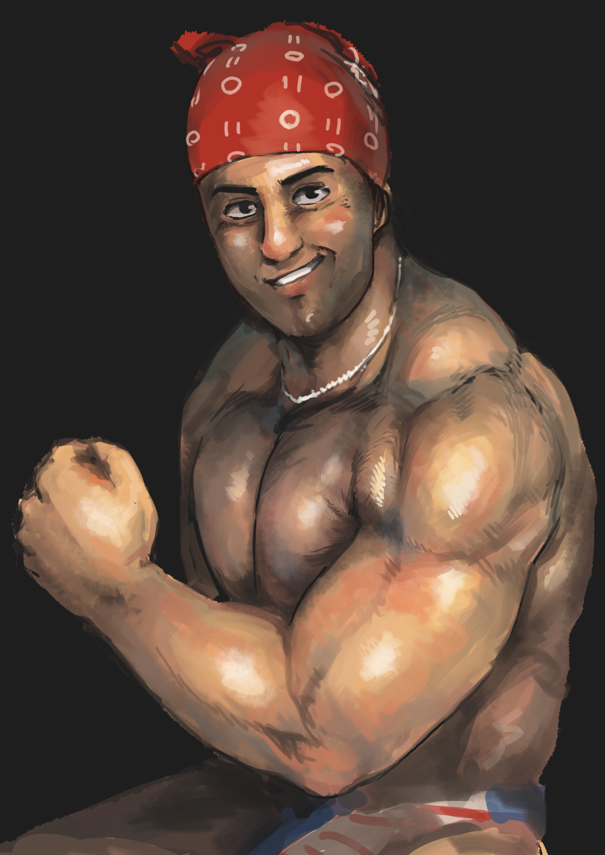 1boy absurdres bandana biceps black_background black_eyes blush chanta_(ayatakaoisii) flexing gachimuchi grin highres jewelry looking_at_viewer male_focus muscular muscular_male necklace pectorals pose ricardo_milos sanpaku simple_background smile solo topless_male