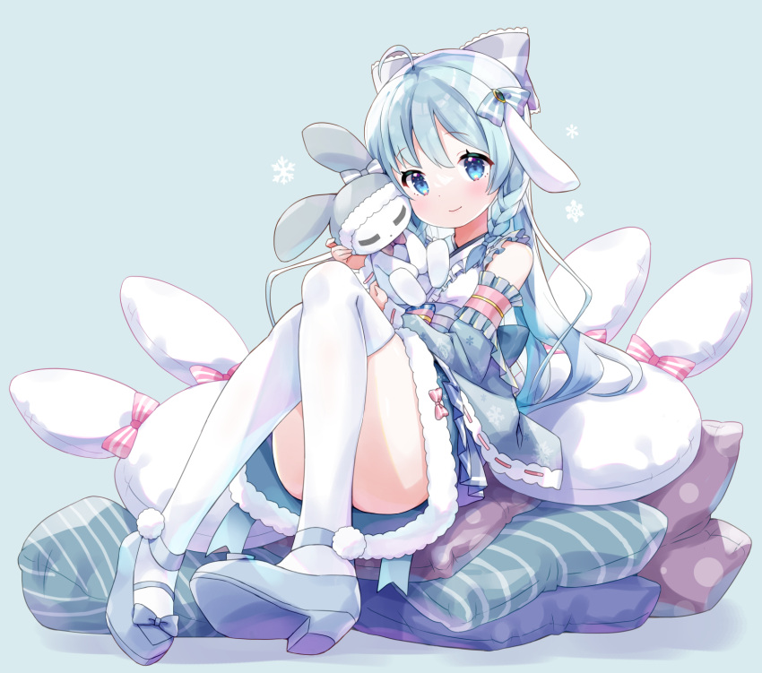 =_= ahoge amimi animal_ears bad_id bad_pixiv_id blue_background blue_bow blue_dress blue_eyes blue_hair bow braid closed_eyes commission detached_sleeves dot_nose dress fake_animal_ears female footwear_bow full_body fur-trimmed_dress fur_trim grey_bow hairbow highres holding holding_stuffed_toy light_blush light_smile long_hair long_sleeves looking_at_viewer mary_janes obi original pillow pink_bow polka_dot polka_dot_pillow pom_pom_(clothes) rabbit-shaped_pillow sash shoes sitting skeb_commission sleeveless sleeveless_dress snowflake_print snowflakes striped striped_bow striped_pillow stuffed_animal stuffed_rabbit stuffed_toy thighhighs thighs twin_braids white_thighhighs