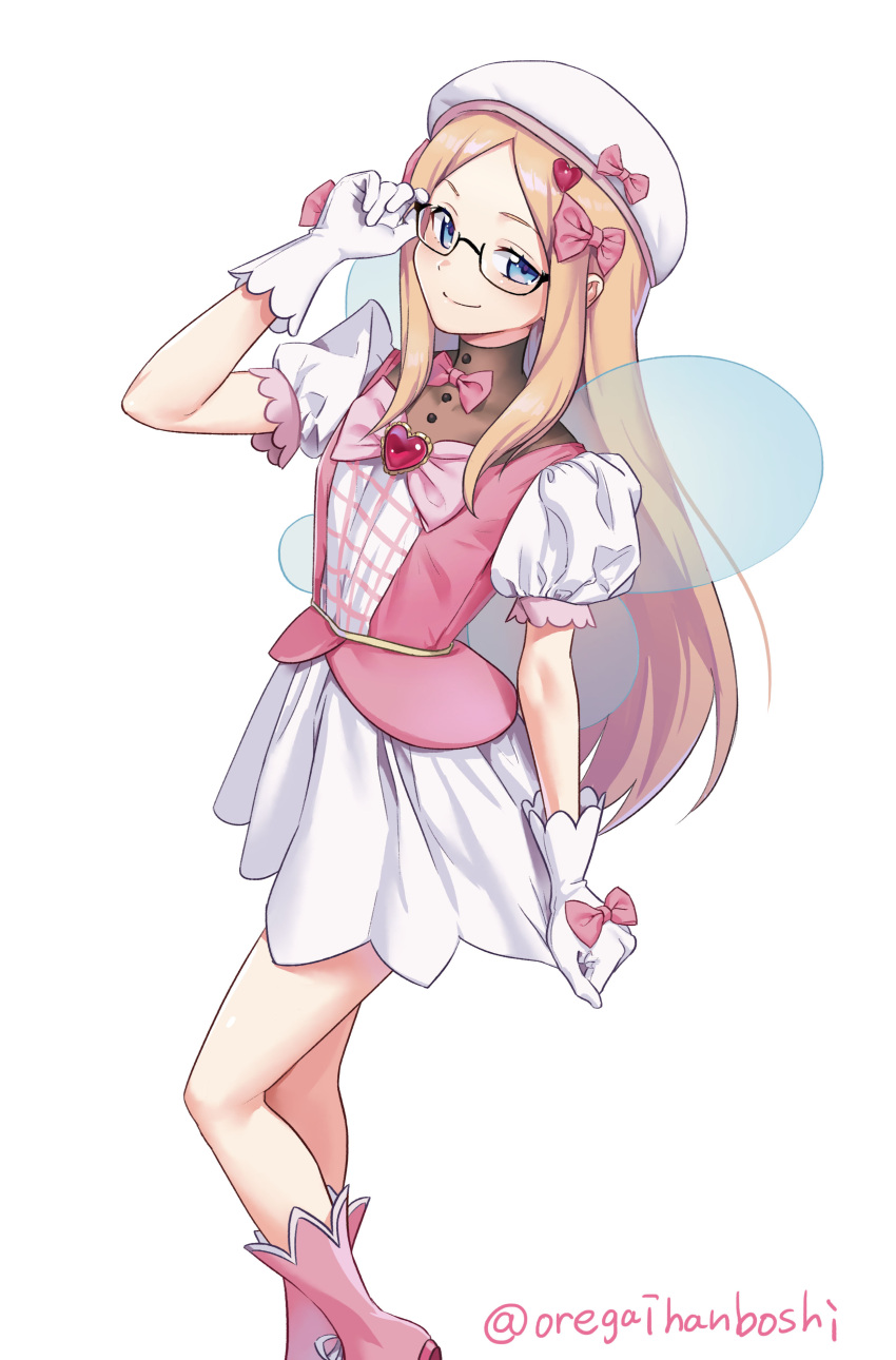 absurdres ankle_boots beret blonde_hair blue_eyes blush boots bow commentary_request commission dress female flower_skirt glasses gloves hair_ornament hair_ribbon hairbow hat hat_bow heart heart_hair_ornament highres long_hair magical_girl nia_jones oregaihanboshi original pink_bow pink_dress ribbon simple_background skeb_commission skirt smile solo transparent_wings white_background white_gloves white_skirt