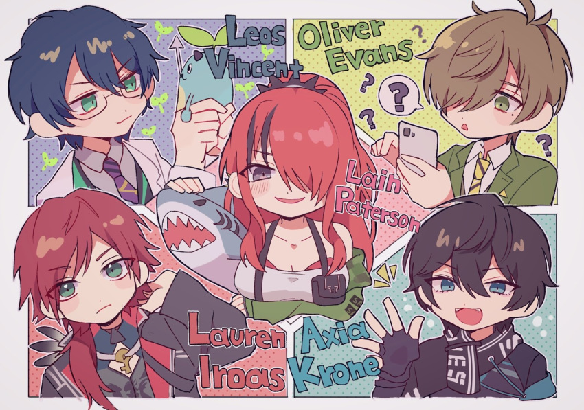 4boys ? axia_krone axia_krone_(1st_costume) black_gloves black_hair blue_eyes blue_hair breasts brown_hair cellphone character_name cleavage coat collared_shirt crossed_arms eden-gumi female fingerless_gloves gasame glasses gloves green_eyes green_jacket grey_eyes grey_shirt hair_between_eyes hair_over_one_eye holding holding_phone holding_stuffed_toy jacket lab_coat lain_paterson lain_paterson_(1st_costume) lauren_iroas lauren_iroas_(1st_costume) leos_vincent leos_vincent_(1st_costume) mameneko_(leos_vincent) medium_breasts multiple_boys necktie nijisanji off_shoulder oliver_evans oliver_evans_(1st_costume) phone ponytail portrait purple_necktie red_hair shirt smartphone smile spoken_question_mark striped_necktie stuffed_animal stuffed_shark stuffed_toy suspenders virtual_youtuber waving white_coat white_shirt yellow_necktie