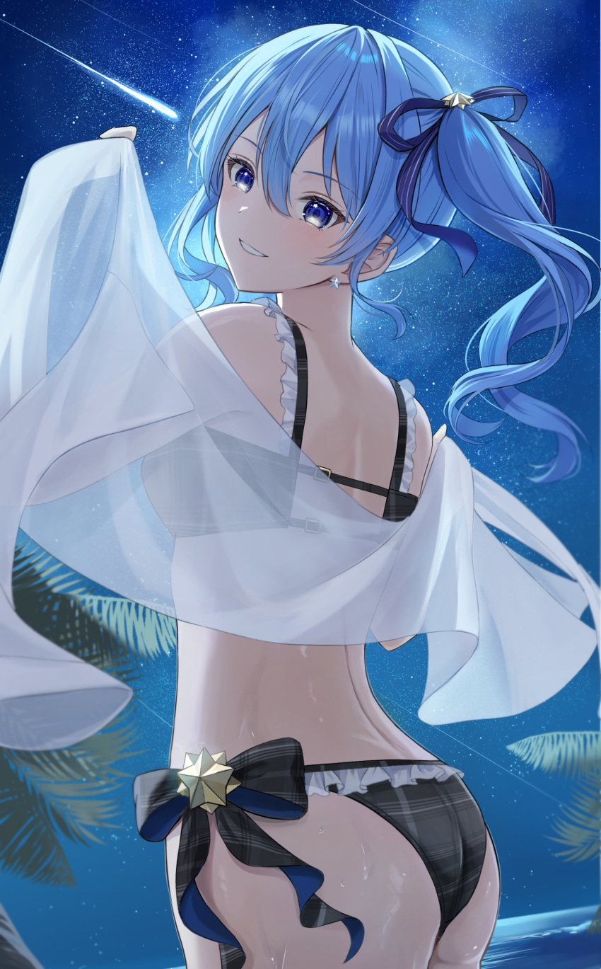 absurdres ass back bikini blue_eyes blue_hair bow comet female from_behind grin hair_ribbon highres holding_shawl hololive hoshimachi_suisei looking_at_viewer looking_back nakaneabura8623 night night_sky ocean outdoors parted_lips plaid plaid_bikini plaid_bow ribbon see-through see-through_shawl shawl shooting_star side_ponytail sky smile solo star_(sky) star_(symbol) star_in_eye starry_sky swimsuit symbol_in_eye virtual_youtuber wet