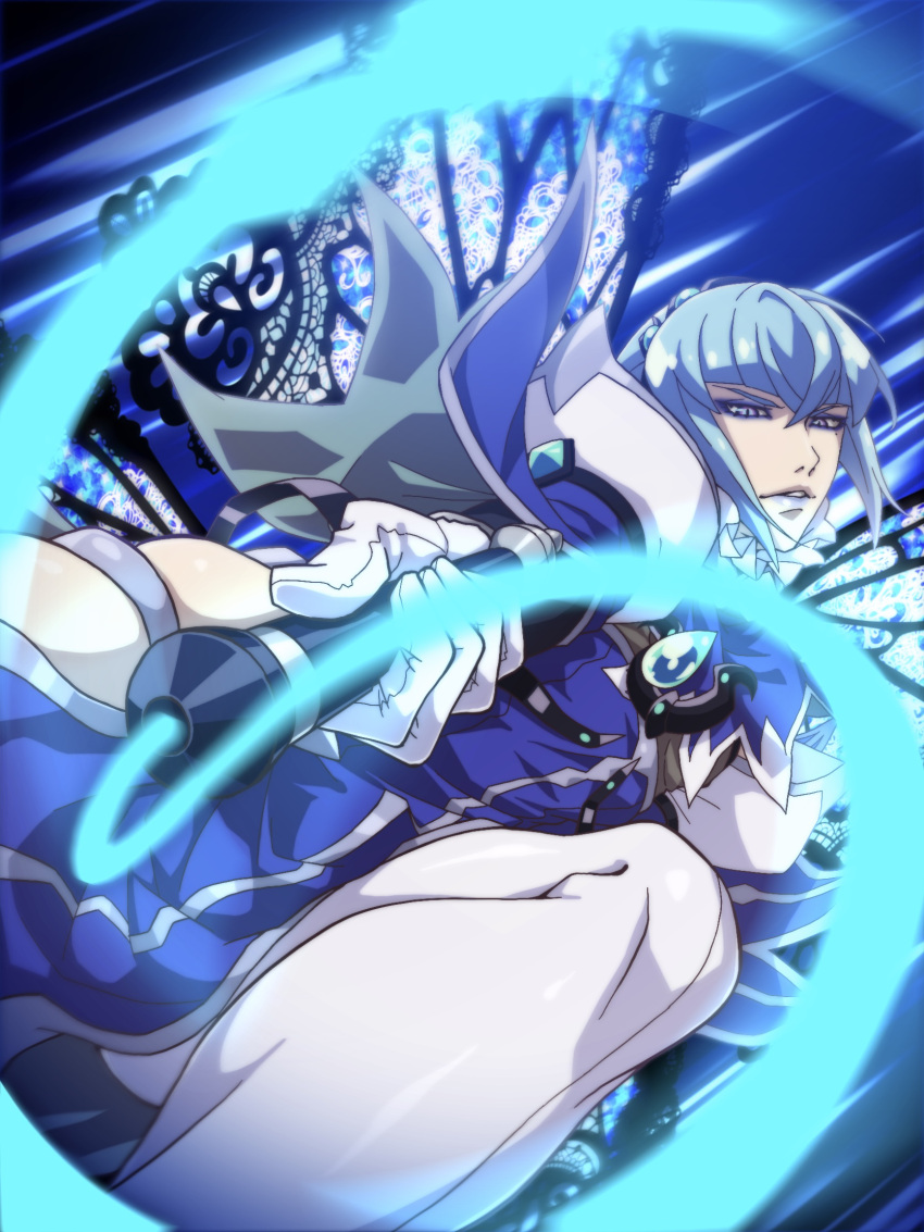 1boy blue_background blue_hair blue_lips brooch fairy_ranmaru:anata_no_kokoro_otasuke_shimasu fairy_wings feet_out_of_frame fighting_stance foreshortening gloves highres holding holding_whip ikenie18 jewelry looking_at_viewer male_focus seiren_uruu short_hair sidelocks solo whip white_gloves white_legwear wings