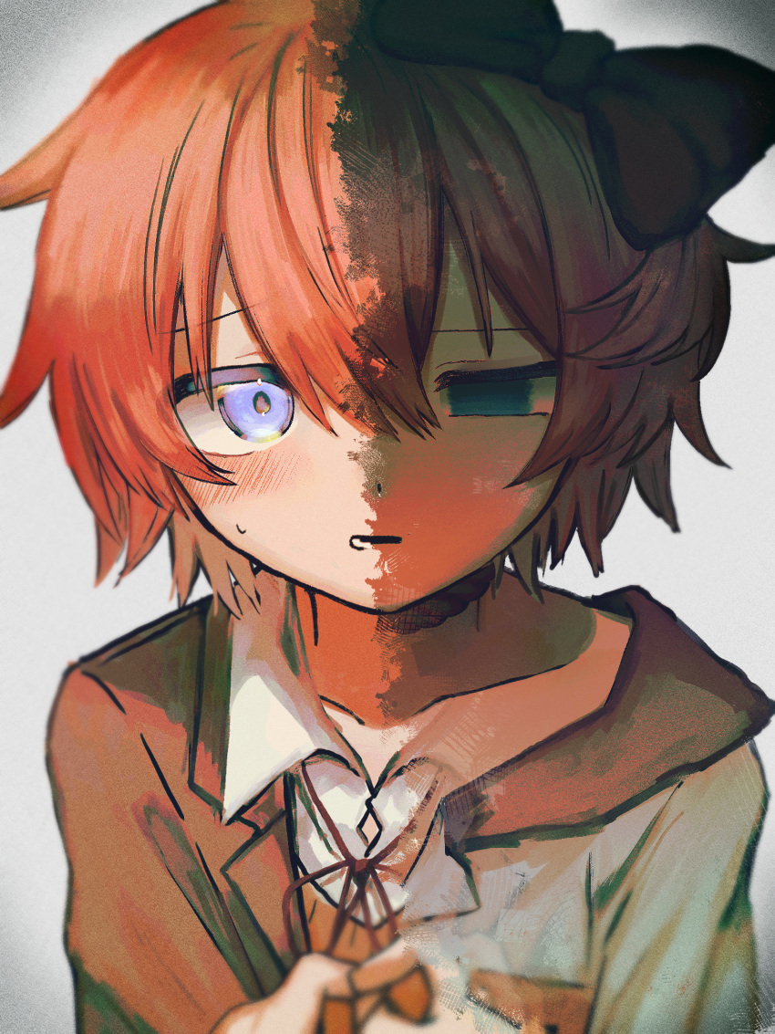 asphyxiation black_jacket blue_eyes blush bow breast_pocket collarbone collared_shirt commentary death doki_doki_literature_club dress_shirt embarrassed empty_eyes female hair_between_eyes hairbow hanged highres jacket looking_at_viewer lower_teeth_only neck_ribbon noose orange_vest parted_lips pink_hair pocket pov pov_hands red_bow ribbon rope rope_around_neck sayori_(doki_doki_literature_club) school_uniform shirt short_hair simple_background solo_focus split_theme spoilers spoken_animal suicide suuno_kamibukuro teeth variant_set vest vignetting white_background white_shirt