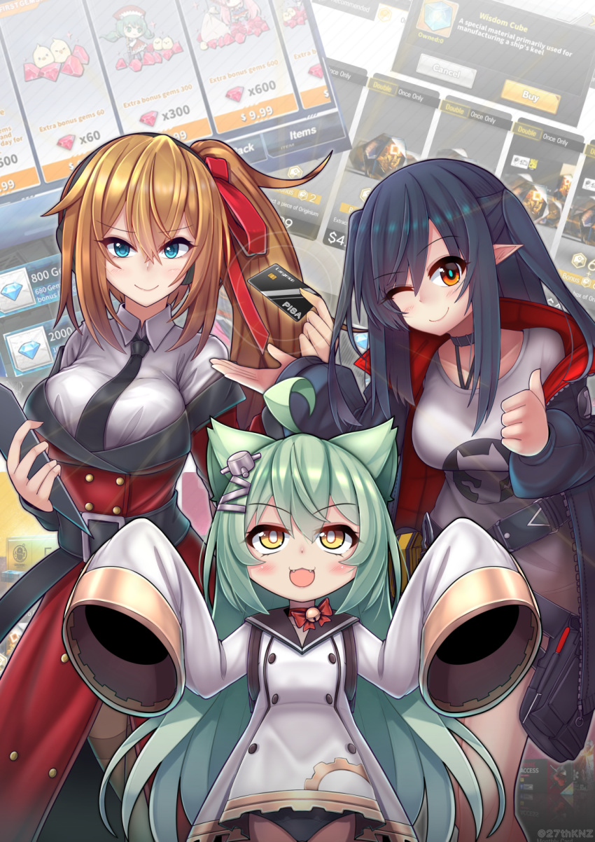 3girls ahoge akashi_(azur_lane) animal_ears arknights azur_lane bell belt bird black_choker black_hair black_jacket black_necktie black_panties black_sailor_collar blue_eyes bow bowtie brand_name_imitation brown_thighhighs buttons card cat_ears chick choker closure_(arknights) coat commentary credit_card crossover diamond_(gemstone) dollar_sign dress english_commentary gem gem_(azur_lane) girls'_frontline glowworm_(azur_lane) green_hair griffin_&_kryuger_military_uniform hair_between_eyes hair_ornament hair_ribbon hairclip highres holding holding_card jacket jingle_bell kalina_(girls'_frontline) kuronekozero long_hair manjuu_(azur_lane) multiple_girls necktie oerba_yun_fang one_eye_closed open_mouth orange_eyes orange_hair originium_(arknights) panties pantyhose pointy_ears print_shirt red_bow red_coat red_gemstone red_ribbon ribbon sailor_collar sailor_dress shirt side_ponytail sleeves_past_fingers sleeves_past_wrists smile t-shirt thighhighs thumbs_up trait_connection twitter_username underwear visa white_dress white_shirt wisdom_cube_(azur_lane) yellow_eyes