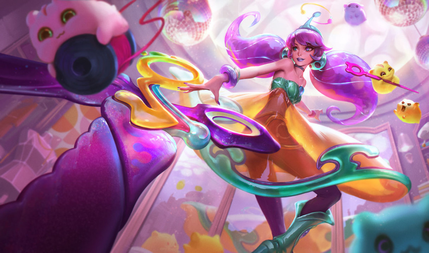 bare_shoulders bracelet chenbo choker collarbone disco_ball dress female green_eyes grin gwen_(league_of_legends) holding_sewing_needle indoors jewelry league_of_legends long_hair nail_polish official_alternate_costume official_art orange_dress oversized_object pants pink_eyes pink_hair pink_pants scissors see-through see-through_dress smile solo space_groove_gwen standing teeth twintails