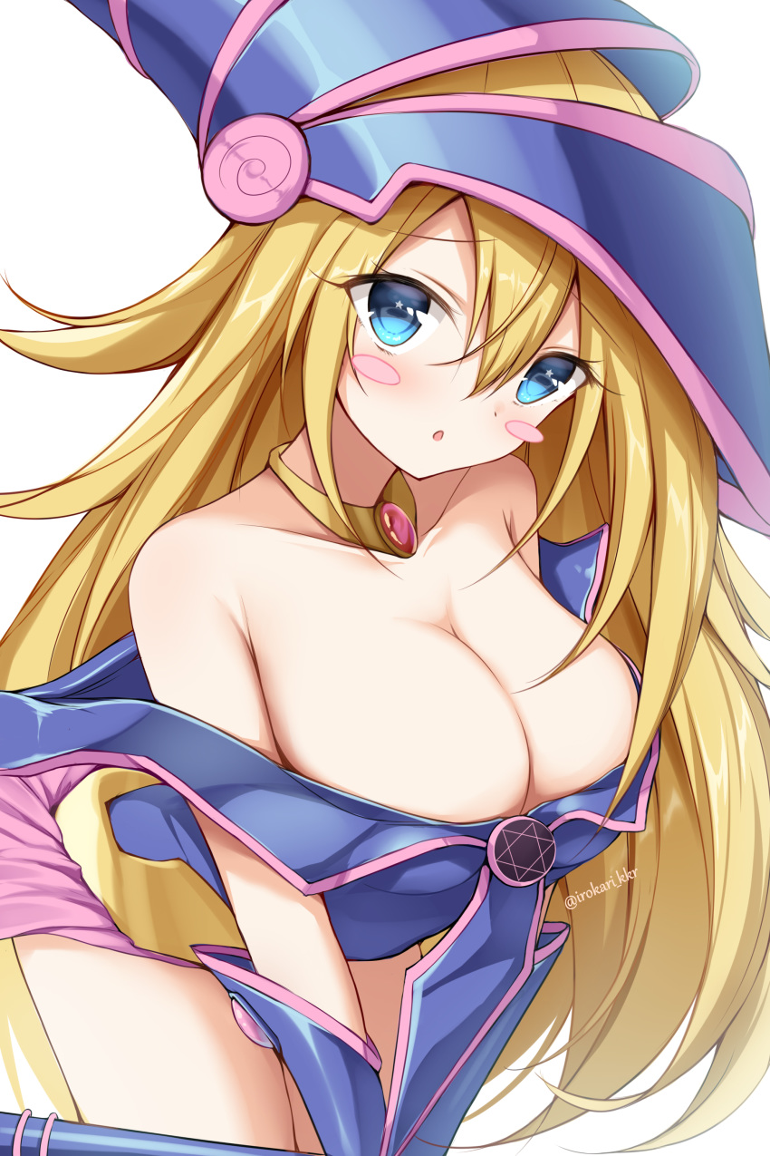 absurdres bare_shoulders bent_over blonde_hair blue_eyes blush_stickers breasts cleavage cowboy_shot dark_magician_girl duel_monster female hat highres irokari large_breasts long_hair looking_at_viewer parted_lips pentacle simple_background solo star-shaped_pupils star_(symbol) symbol-shaped_pupils wand white_background wizard_hat yu-gi-oh!