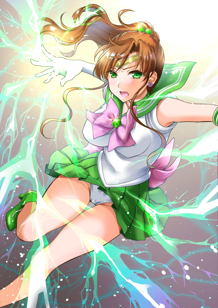 :o abe_hikaru absurdres back_bow bare_legs bishoujo_senshi_sailor_moon bow brooch brown_hair circlet commentary_request earrings elbow_gloves electricity female gloves green_eyes green_footwear green_sailor_collar green_skirt hair_bobbles hair_ornament high_ponytail highres jewelry kino_makoto leotard leotard_peek long_hair looking_at_viewer magical_girl open_mouth pink_bow pleated_skirt ponytail sailor_collar sailor_jupiter sailor_senshi_uniform shoes skirt skirt_flip solo white_gloves white_leotard