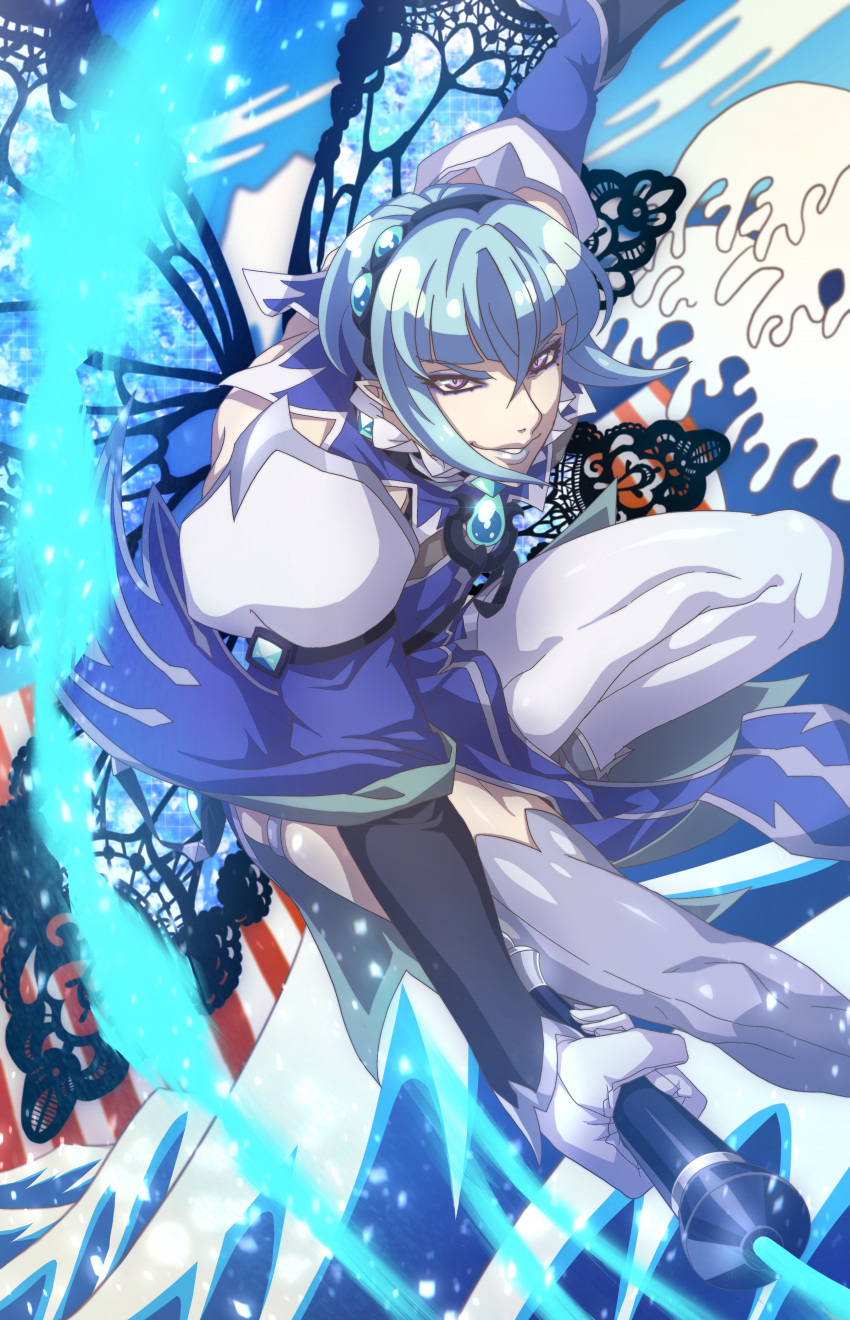 1boy absurdres blue_hair brooch fairy_ranmaru:anata_no_kokoro_otasuke_shimasu fairy_wings foot_out_of_frame hairband highres holding holding_whip ikenie18 jewelry looking_at_viewer male_focus purple_eyes seiren_uruu short_hair sidelocks solo water waving whip wings