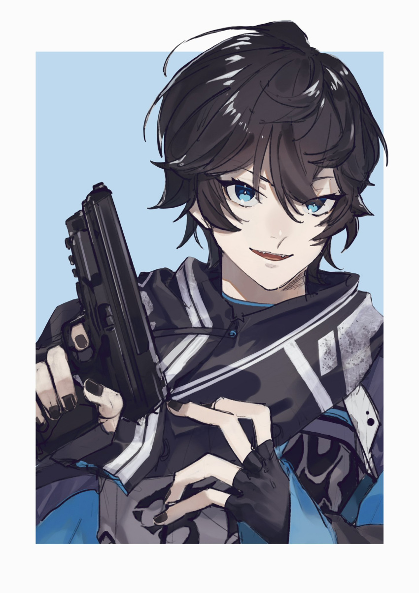 1boy axia_krone axia_krone_(1st_costume) black_gloves black_hair black_nails black_scarf blue_eyes border commentary daph_nia english_commentary fingerless_gloves gloves gun handgun highres holding holding_gun holding_weapon looking_ahead male_focus nijisanji open_mouth portrait protected_link scarf smile solo virtual_youtuber weapon white_border