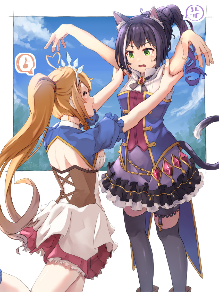 2girls ahoge anger_vein animal_ear_fluff animal_ears black_hair breasts carrying cat_ears cat_girl cat_tail closed_eyes dress eighth_note green_eyes heart heart_ahoge highres karyl_(princess_connect!) long_hair longcat_(meme) meme multicolored_hair multiple_girls mumyuu musical_note open_mouth orange_hair pecorine_(princess_connect!) ponytail princess_connect! puffy_short_sleeves puffy_sleeves short_sleeves sleeveless sleeveless_dress smile speech_bubble spoken_anger_vein spoken_musical_note streaked_hair tail thighhighs tiara white_hair