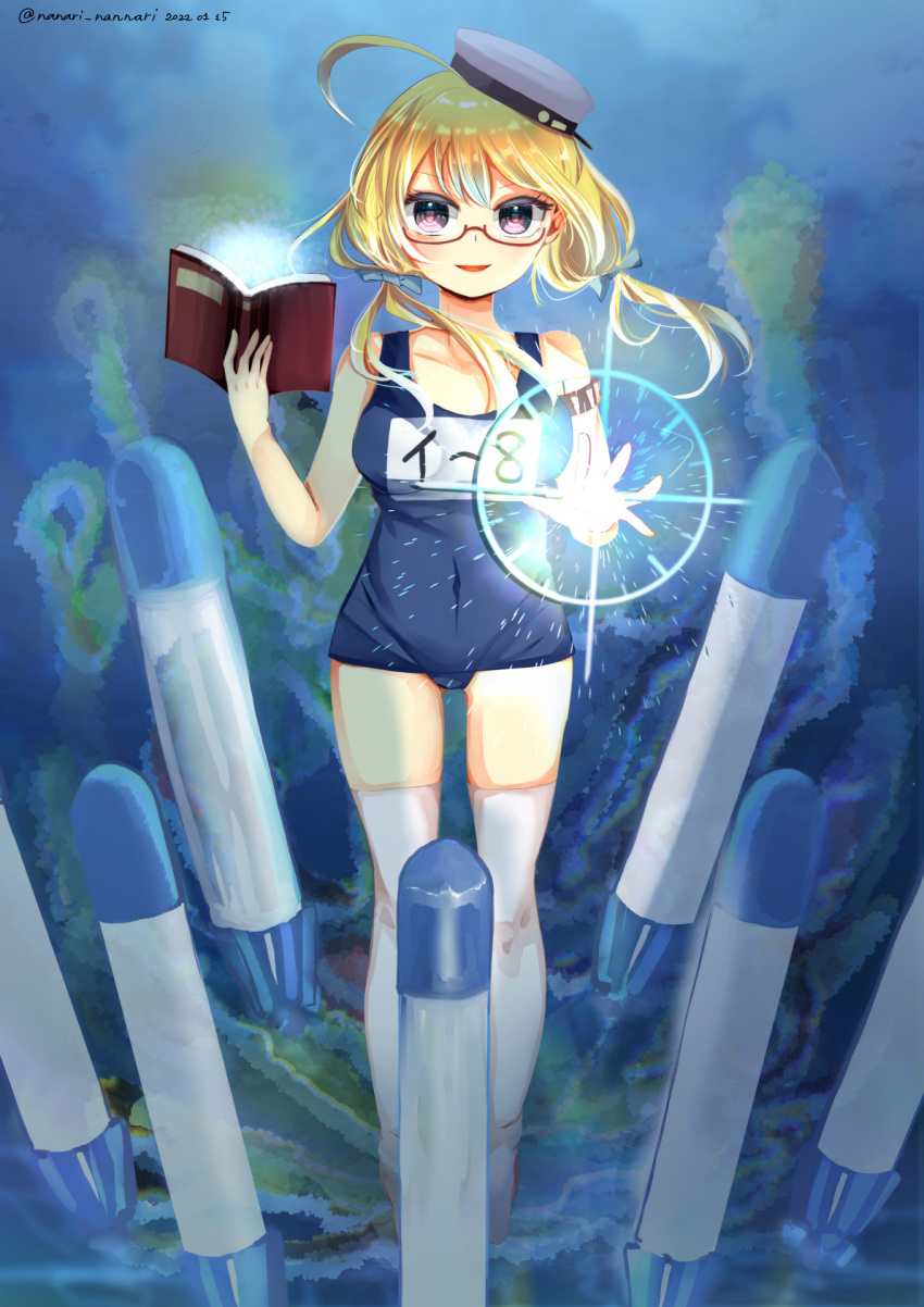 blonde_hair blue_eyes book breasts character_name collarbone female glasses hat highres i-8_(kancolle) invocation kantai_collection large_breasts low_twintails name_tag nanari_(nanari_nannari) ocean one-piece_swimsuit open_mouth peaked_cap red-framed_eyewear sailor_hat school_swimsuit semi-rimless_eyewear signature smile swimsuit swimsuit_under_clothes thighhighs torpedo tri_tails twintails twitter_username under-rim_eyewear underwater white_thighhighs