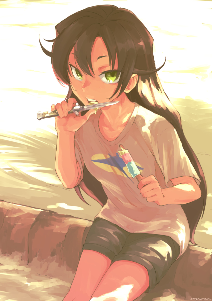 beach black_hair black_shorts dappled_sunlight day female fingernails flat_chest flipped_hair food food_in_mouth food_on_hand green_eyes highres holding holding_knife ice_cream knife legs_together licking licking_blade licking_weapon lily_(tyrone) long_hair looking_at_viewer original popsicle print_shirt shirt shorts sitting solo summer sunlight switchblade t-shirt teeth twitter_username tyrone upper_teeth_only weapon